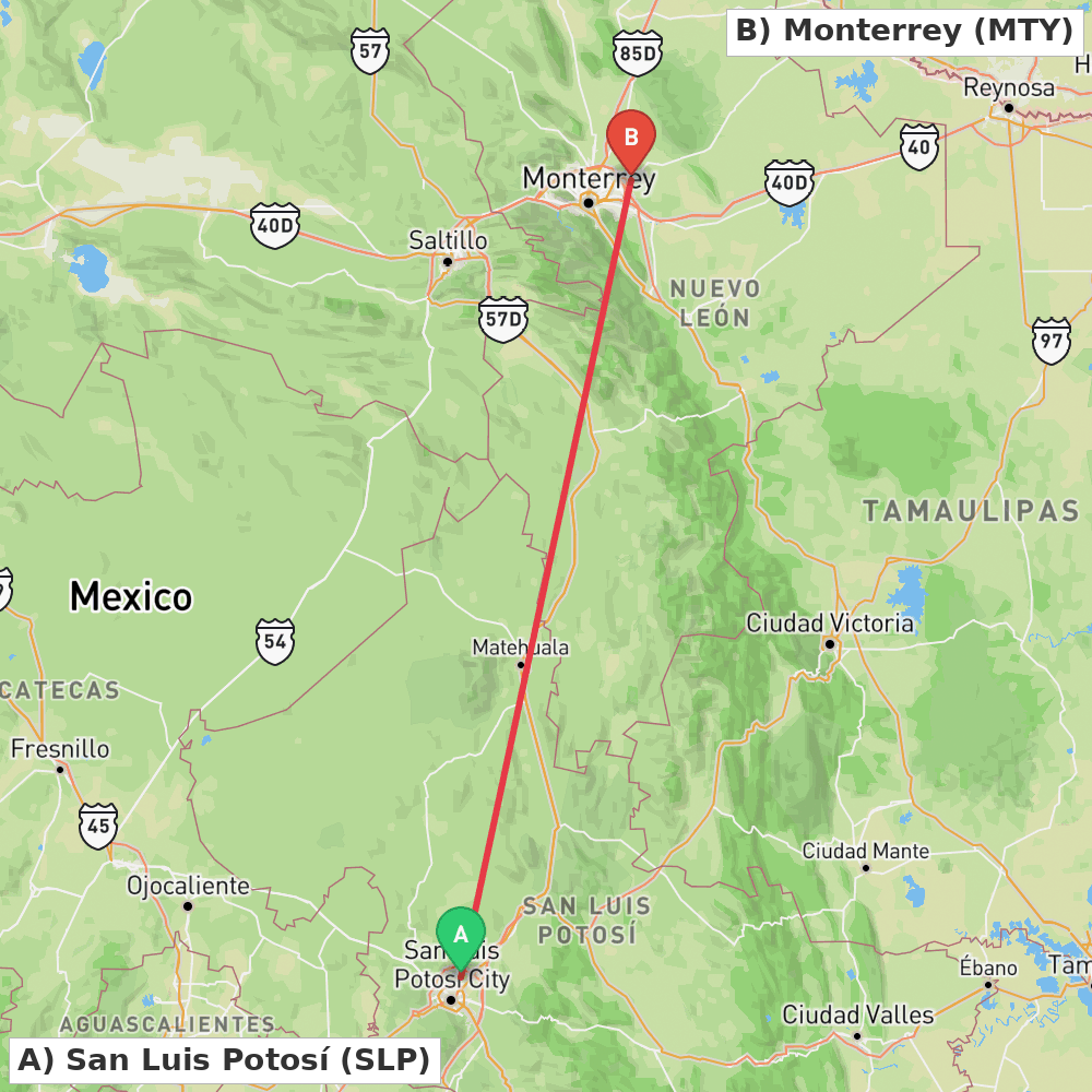 Flight route map from San Luis Potosí to Monterrey