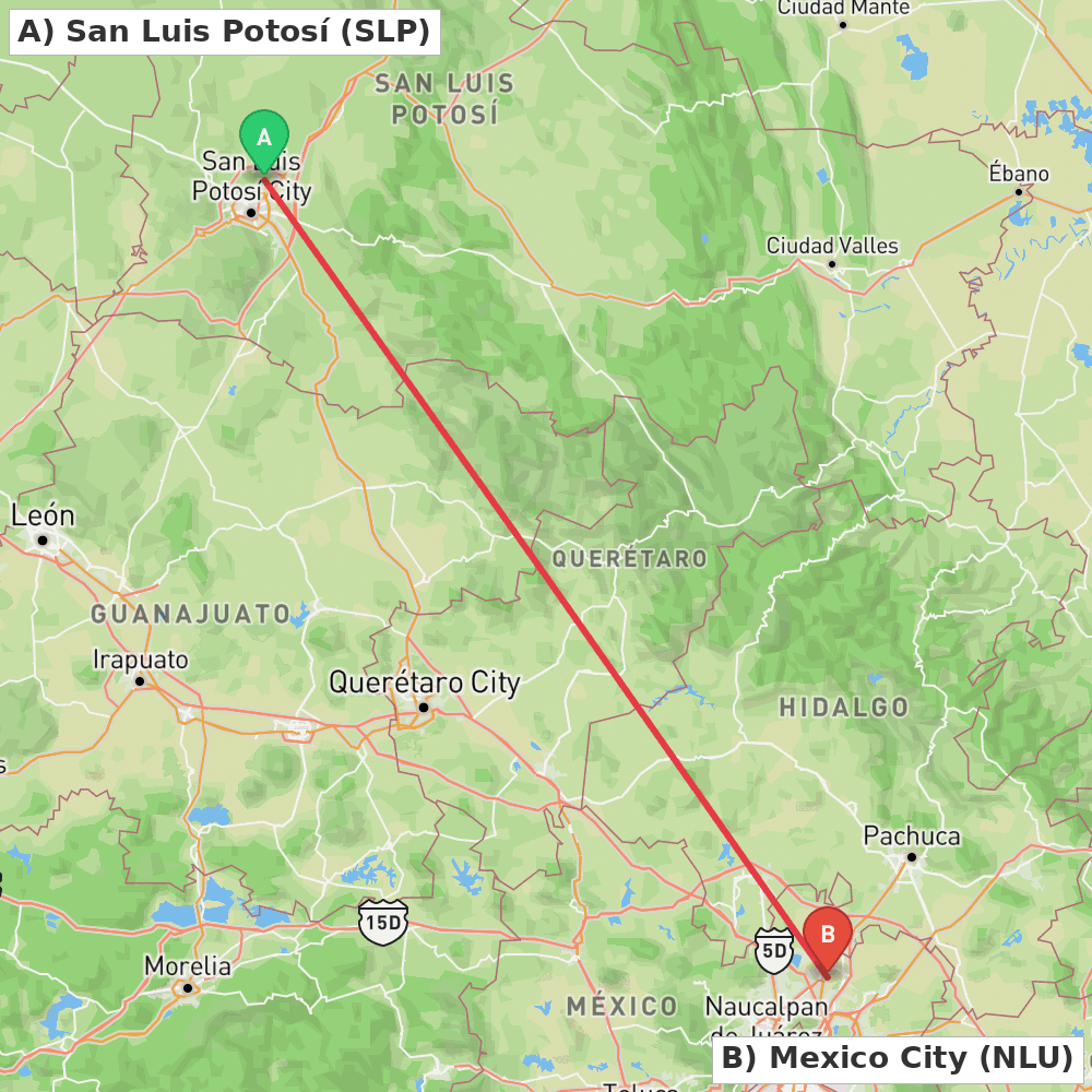 Flight route map from San Luis Potosí to Mexico City