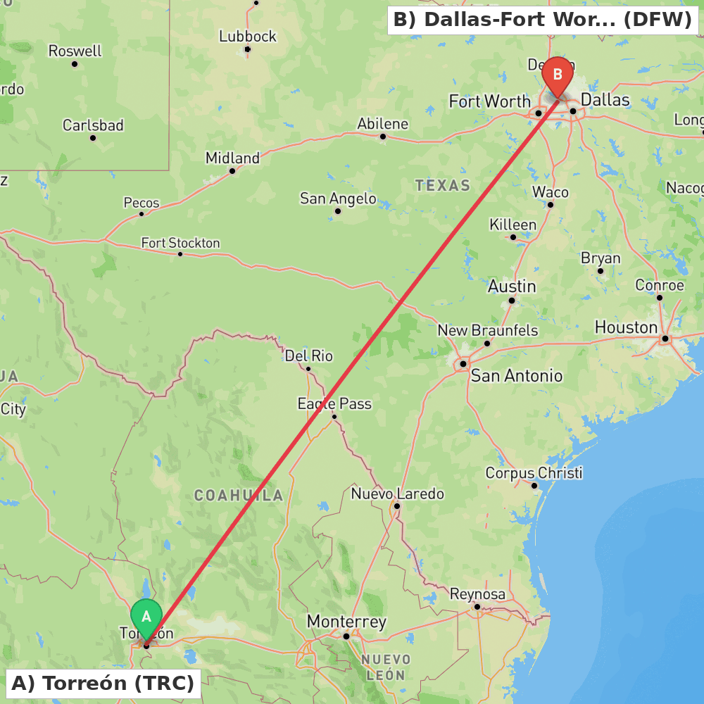 Flight route map from Torreón to Dallas-Fort Worth