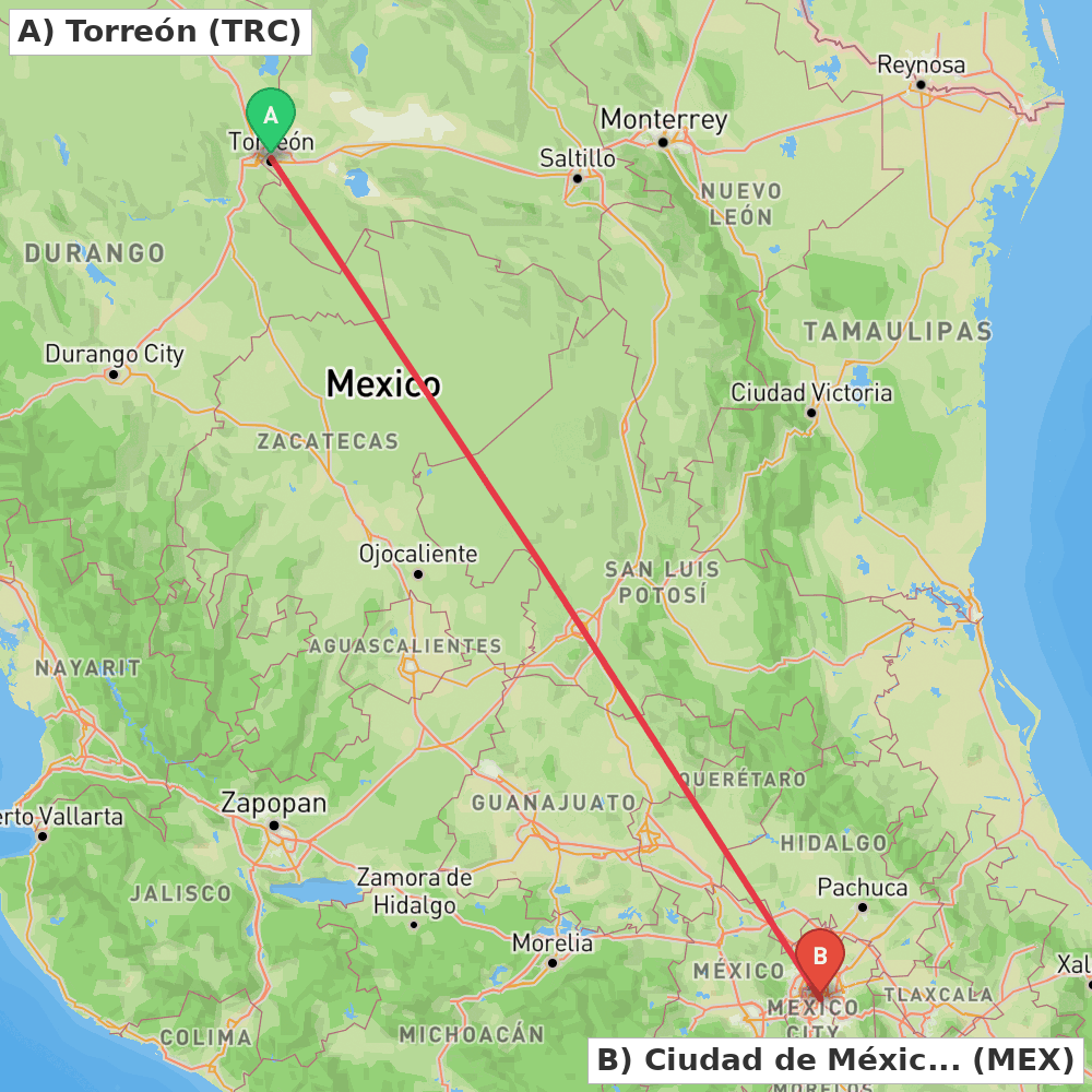 Flight route map from Torreón to Ciudad de México