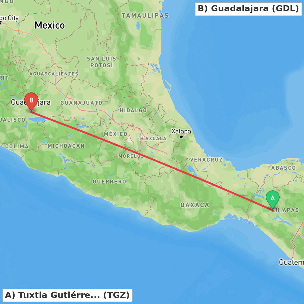 Flight route map from Tuxtla Gutiérrez to Guadalajara
