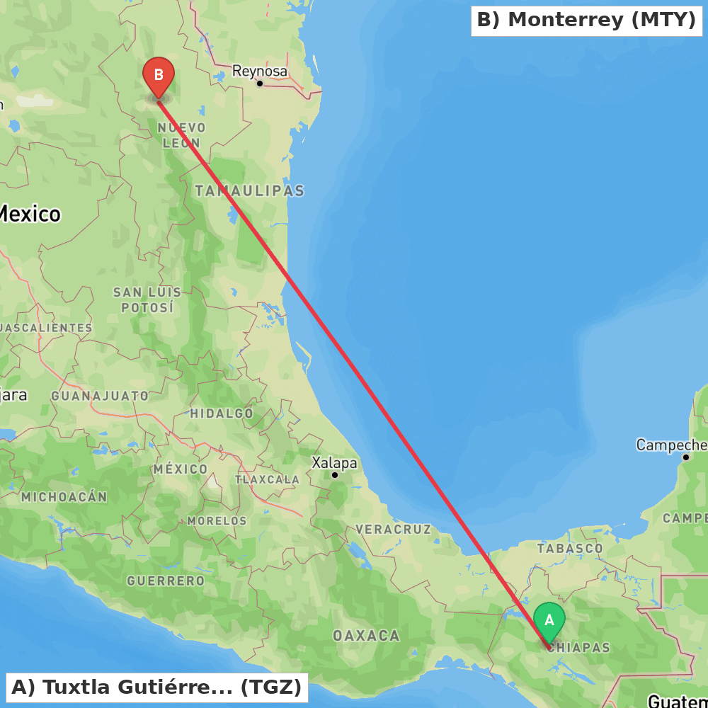 Flight route map from Tuxtla Gutiérrez to Monterrey