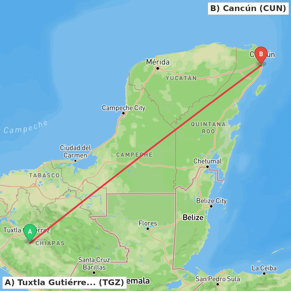 Flight route map from Tuxtla Gutiérrez to Cancún