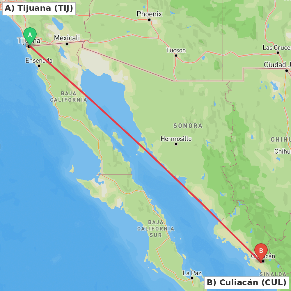 Flight route map from Tijuana to Culiacán