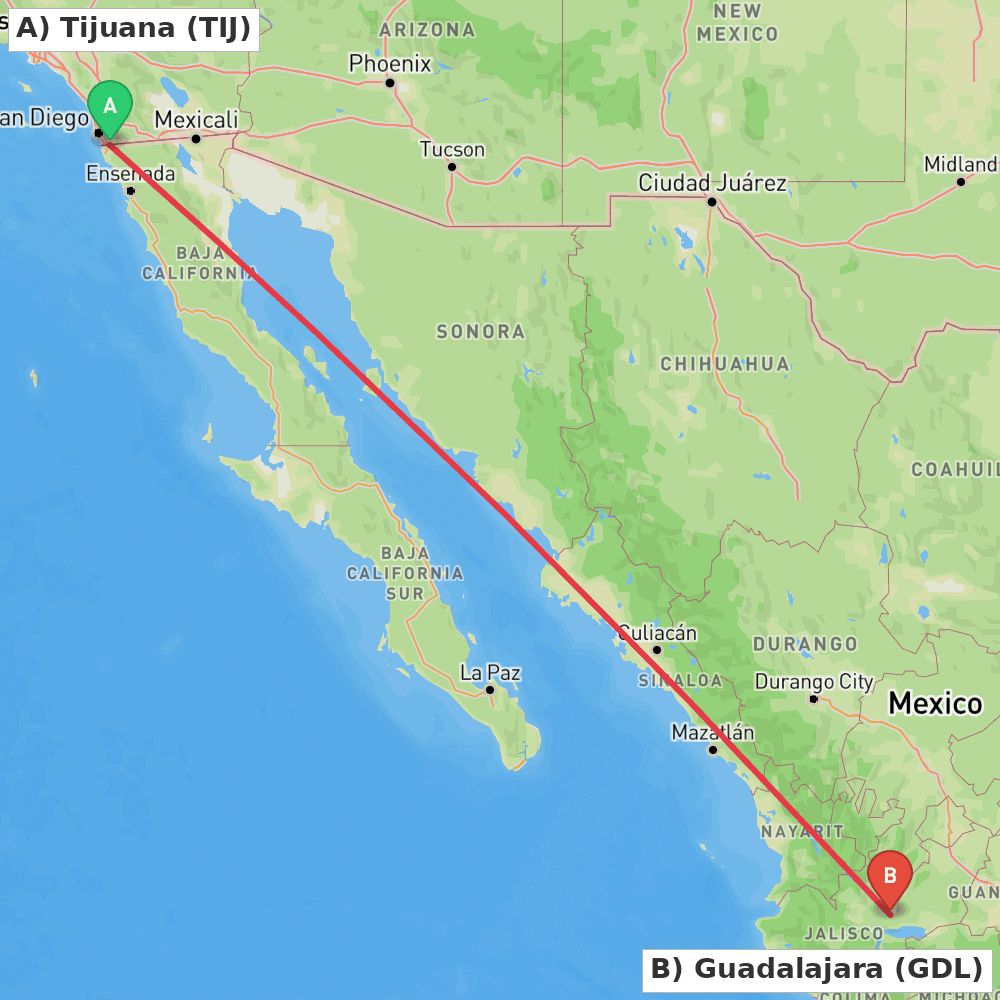 Flight route map from Tijuana to Guadalajara