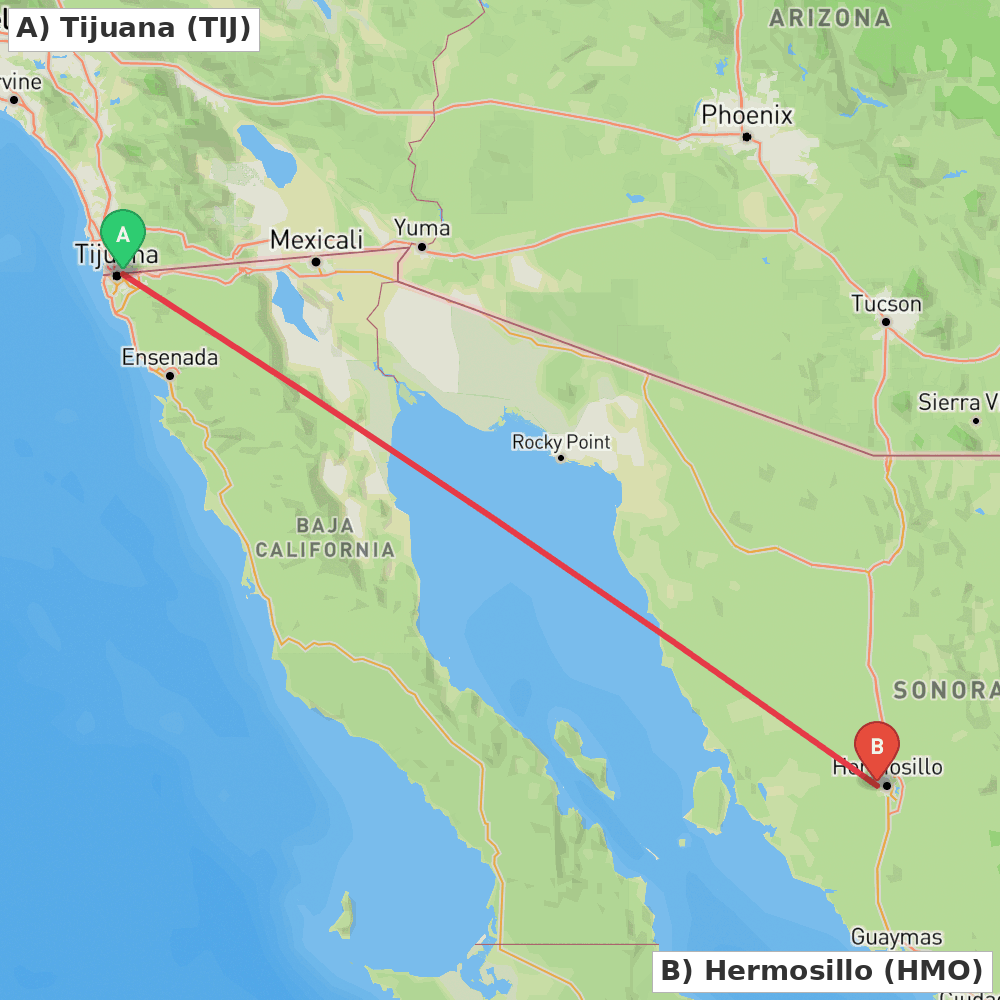 Flight route map from Tijuana to Hermosillo