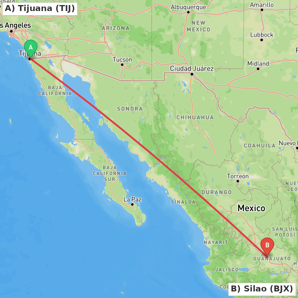 Flight route map from Tijuana to Silao