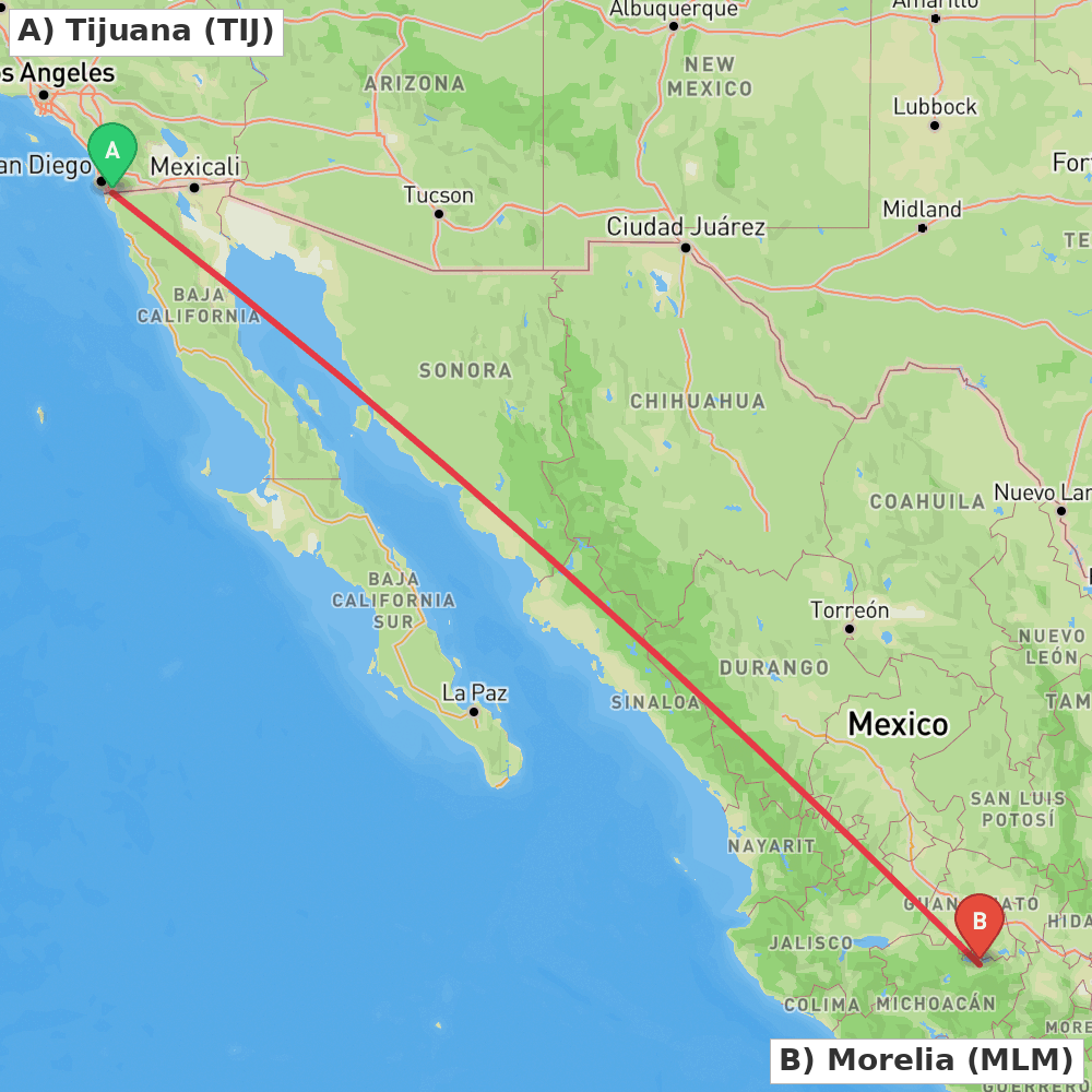 Flight route map from Tijuana to Morelia