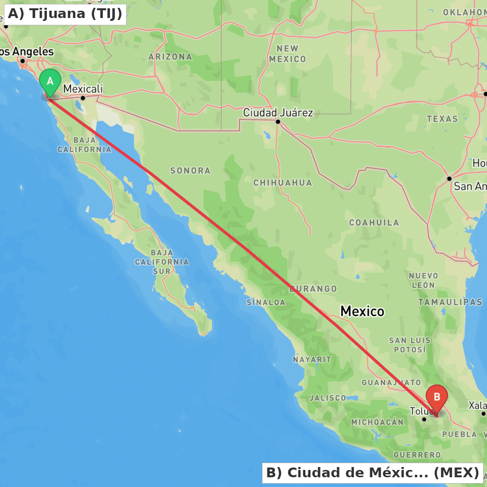 Flight route map from Tijuana to Ciudad de México