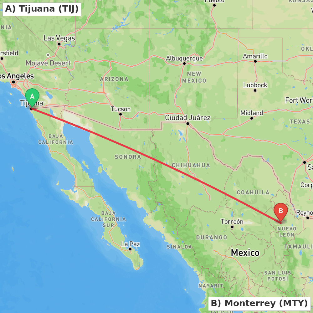 Flight route map from Tijuana to Monterrey