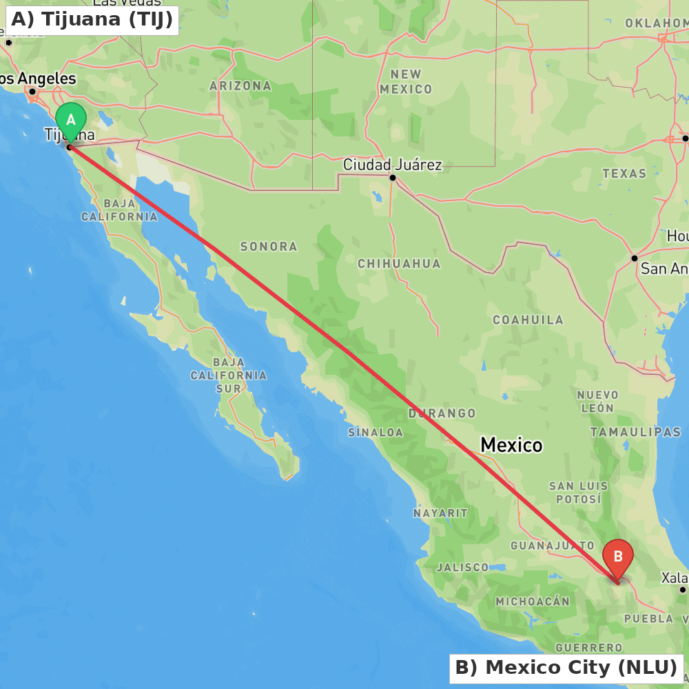 Flight route map from Tijuana to Mexico City