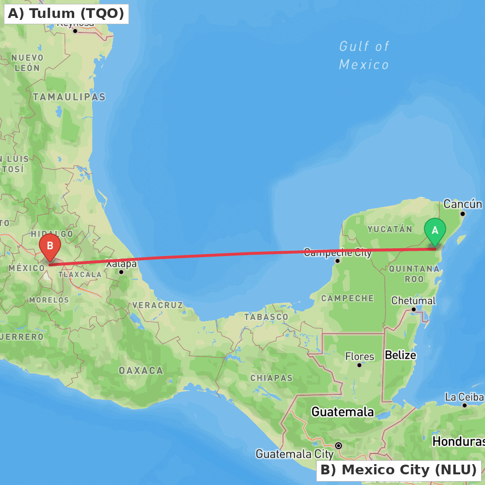 Flight route map from Tulum to Mexico City