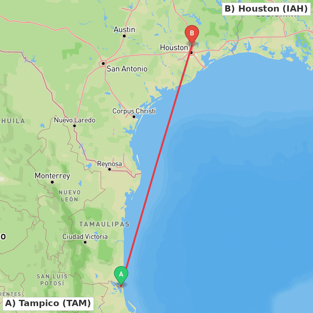 Flight route map from Tampico to Houston
