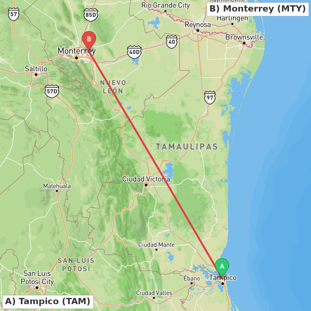 Flight route map from Tampico to Monterrey