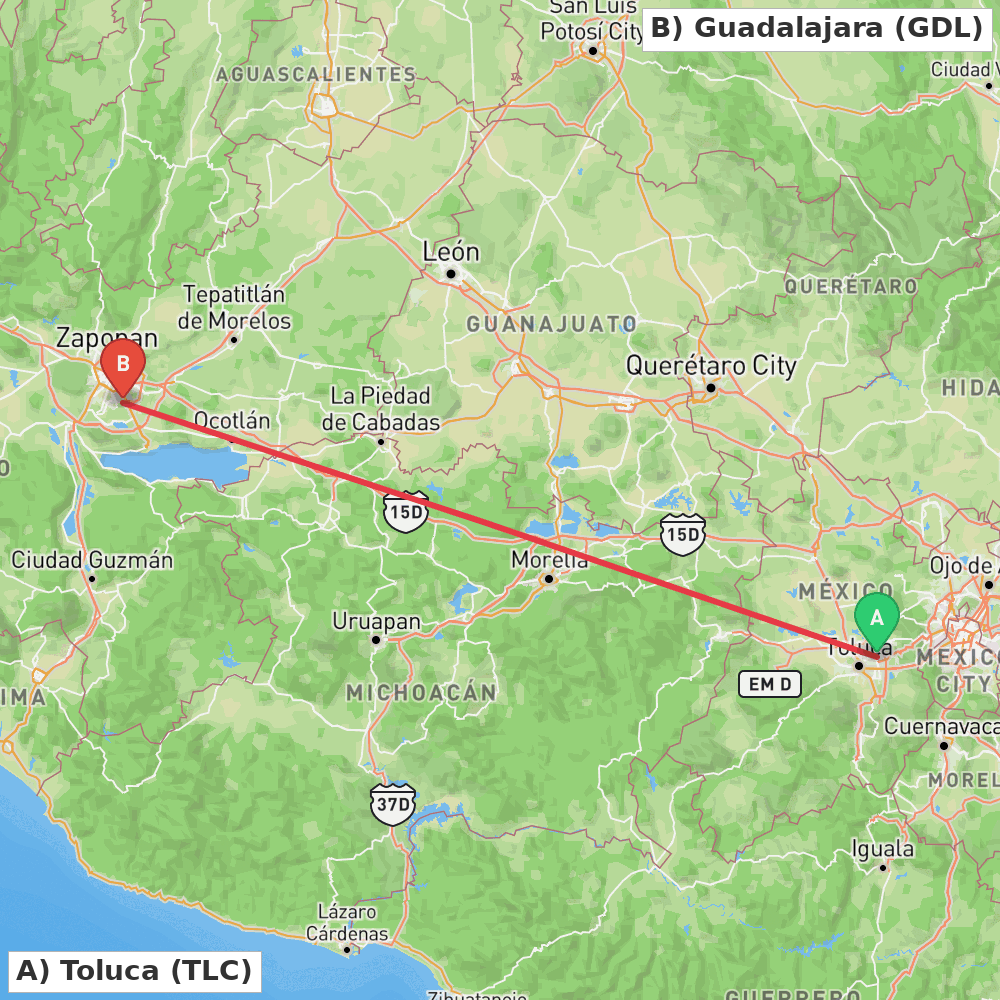 Flight route map from Toluca to Guadalajara