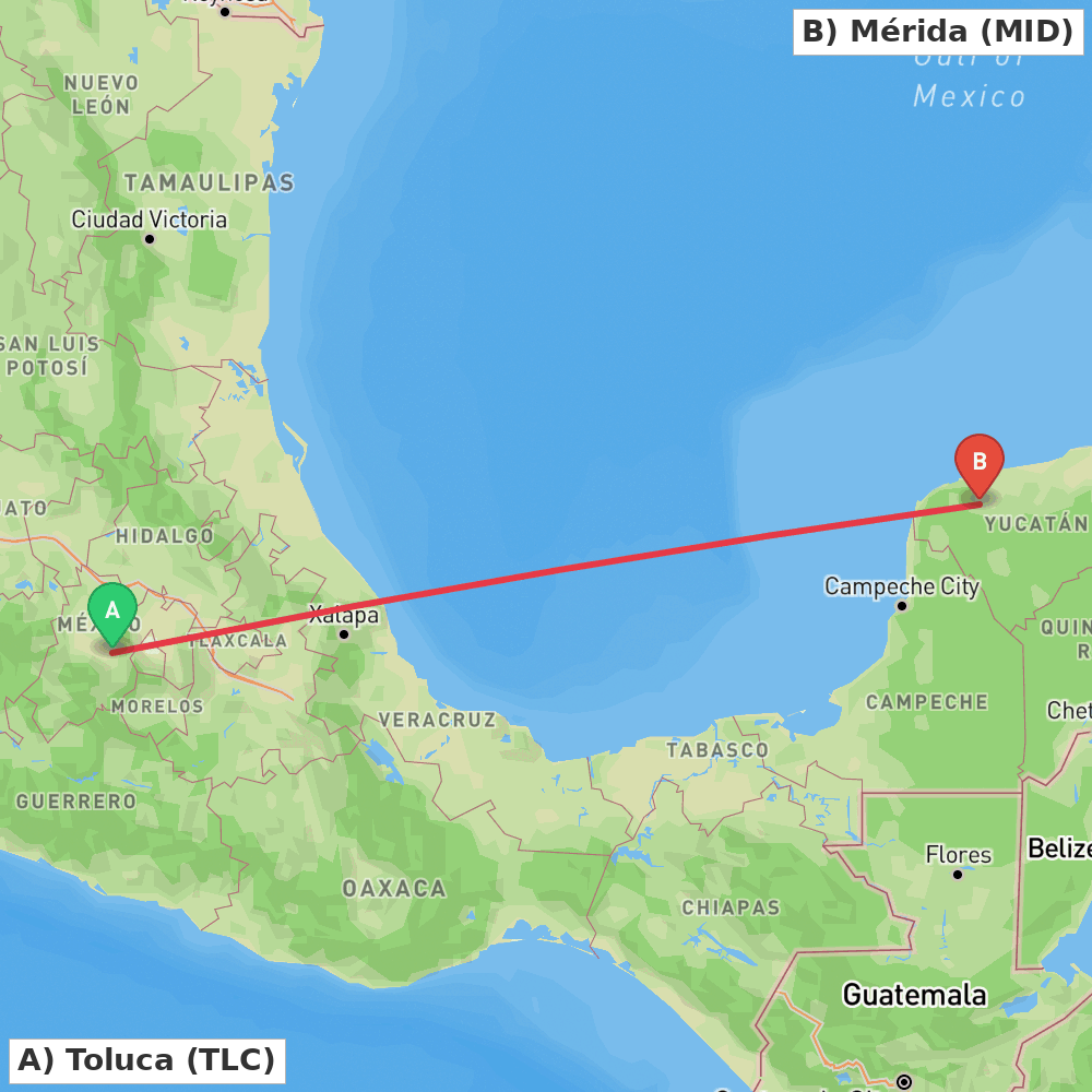 Flight route map from Toluca to Mérida