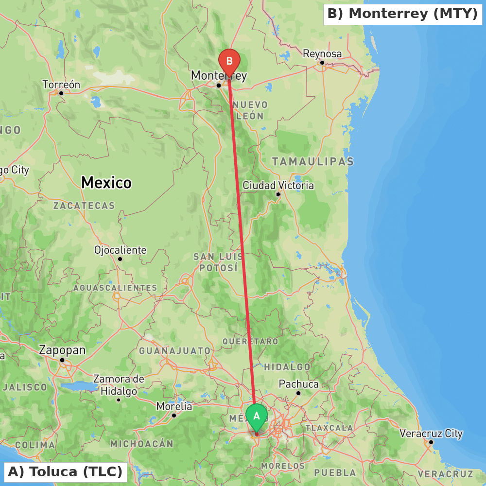 Flight route map from Toluca to Monterrey