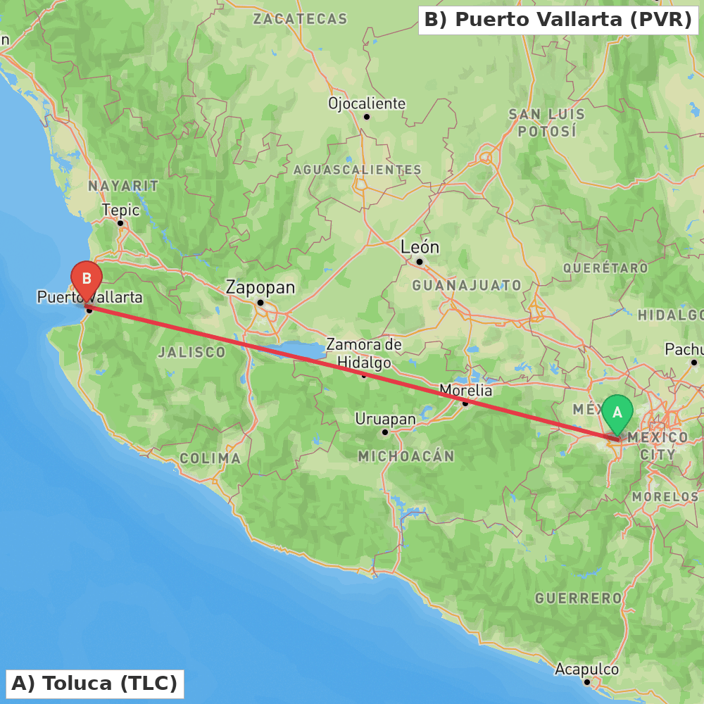 Flight route map from Toluca to Puerto Vallarta