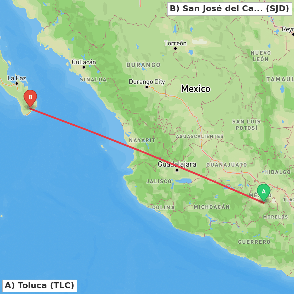 Flight route map from Toluca to San José del Cabo