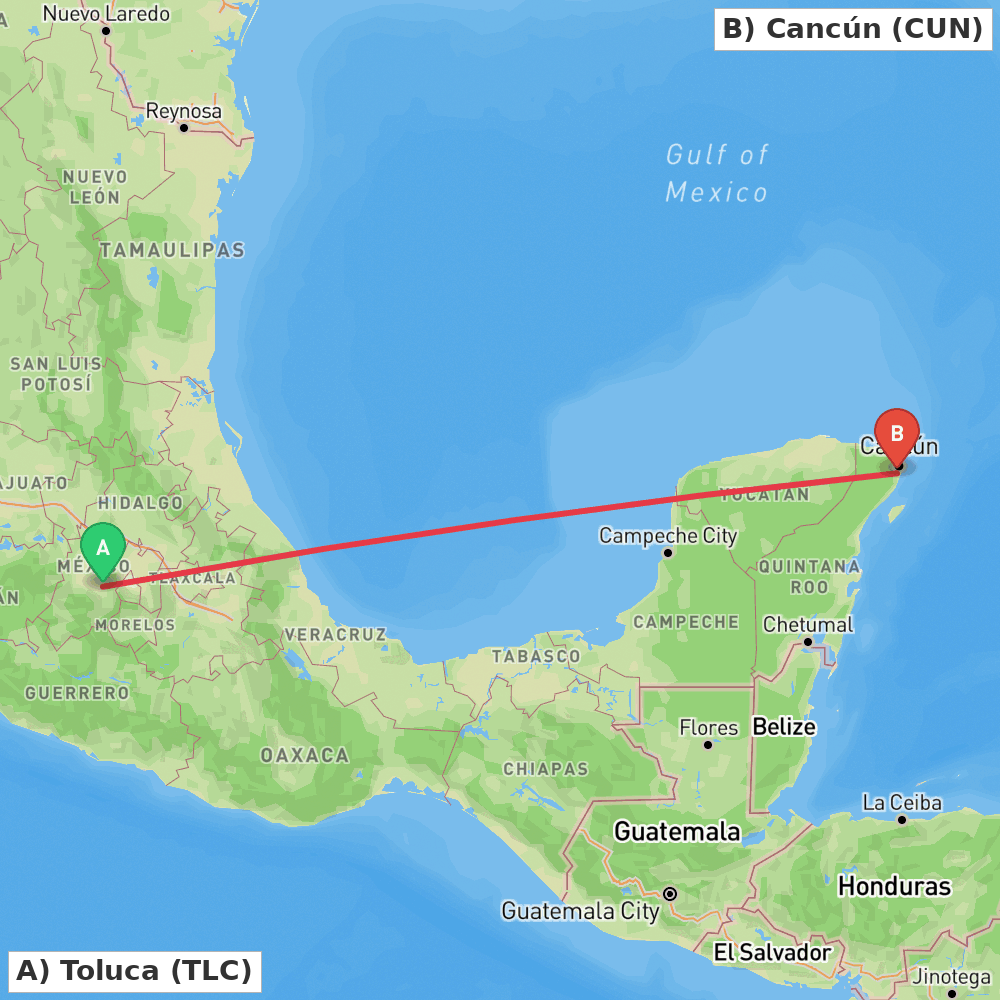 Flight route map from Toluca to Cancún