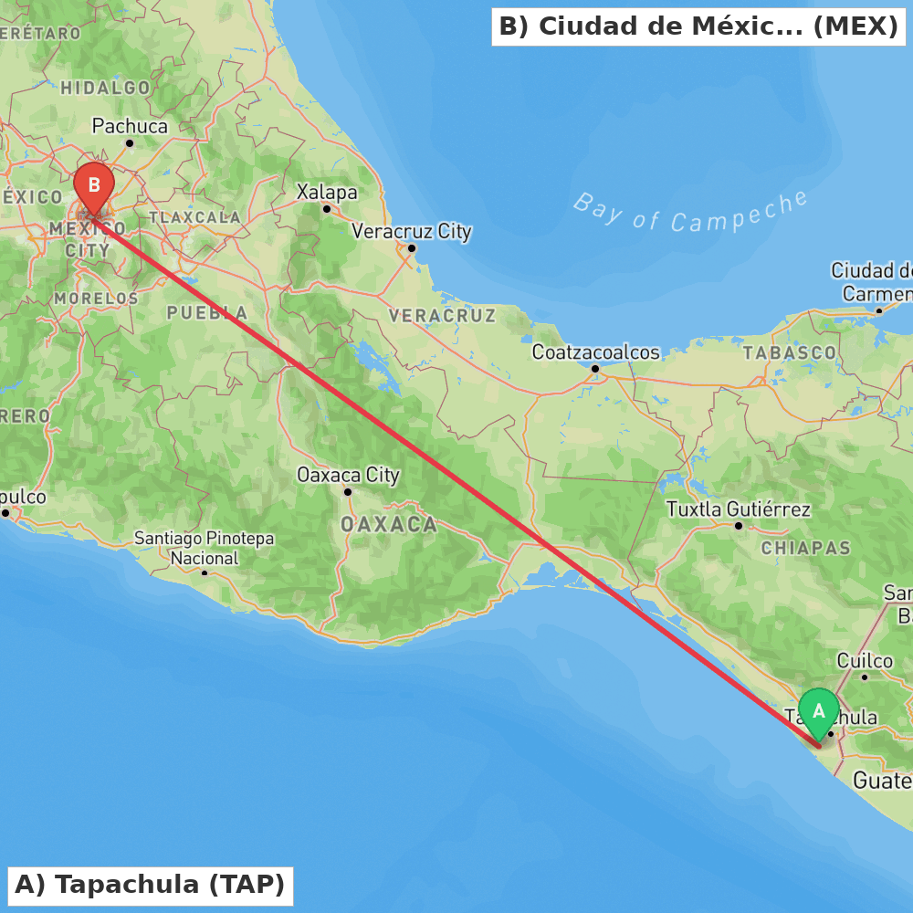 Flight route map from Tapachula to Ciudad de México