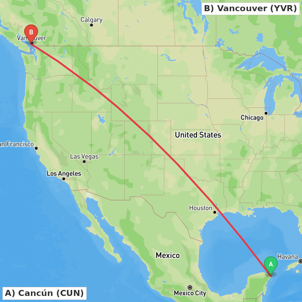 Flight route map from Cancún to Vancouver