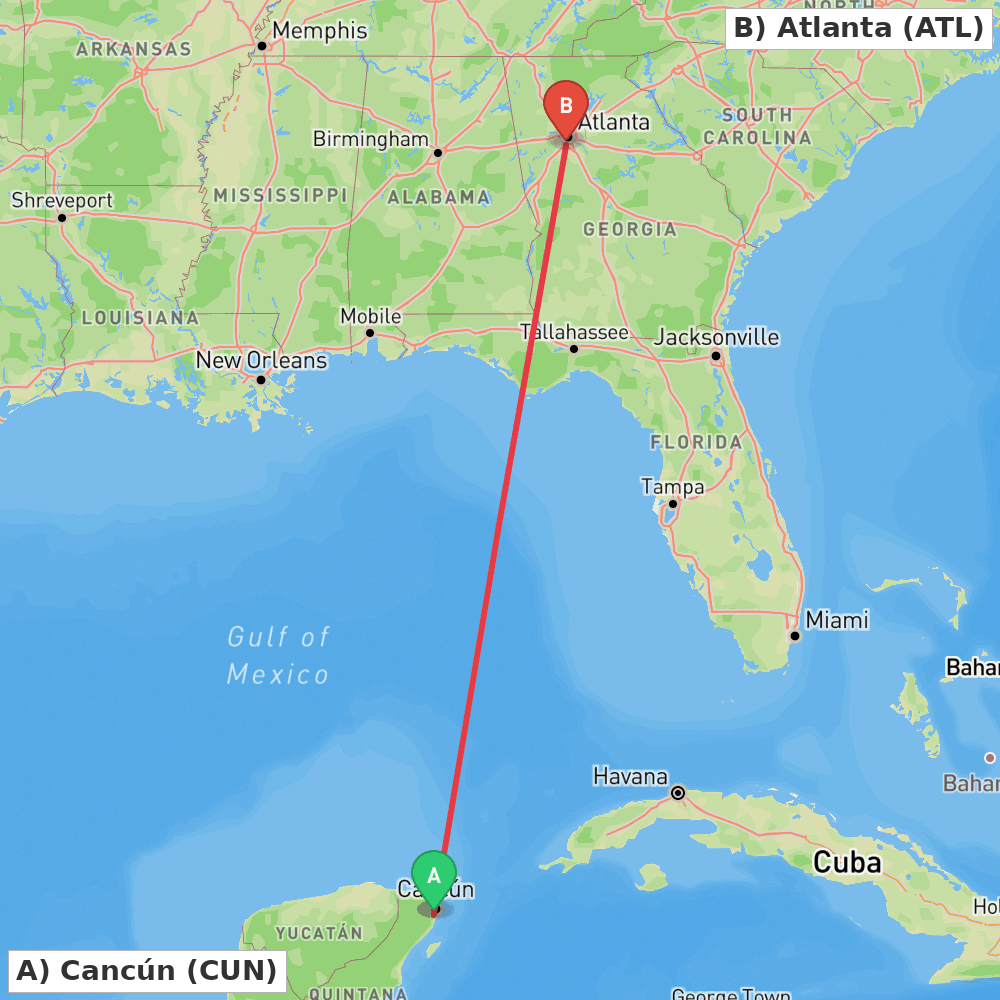 Flight route map from Cancún to Atlanta