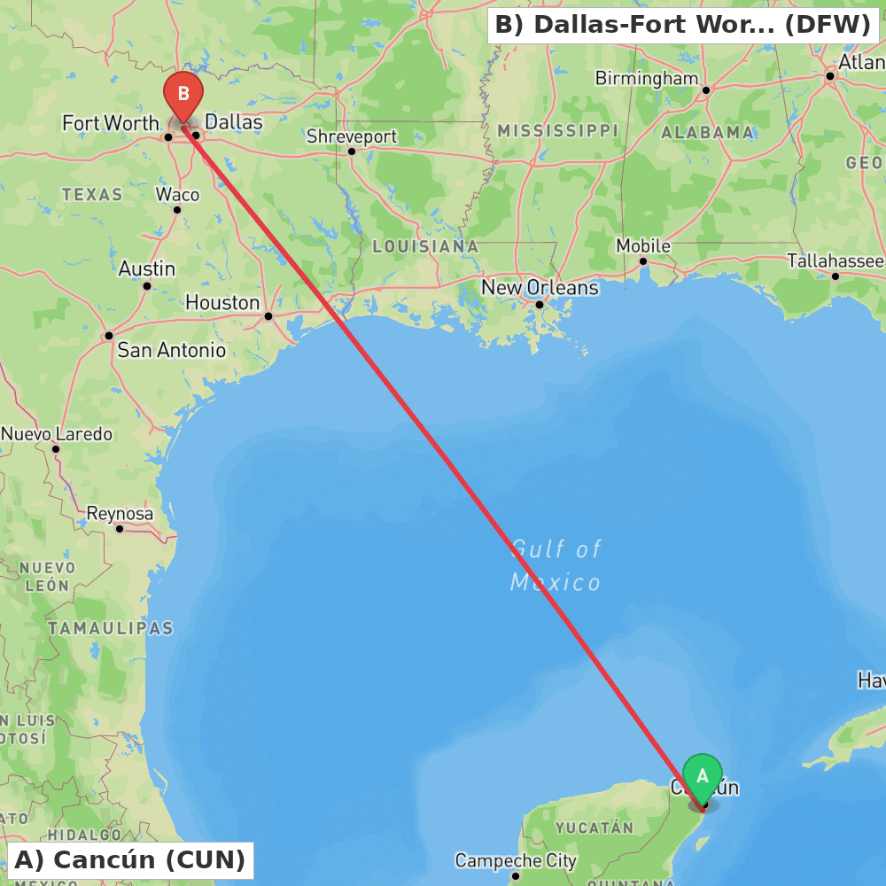 Flight route map from Cancún to Dallas-Fort Worth