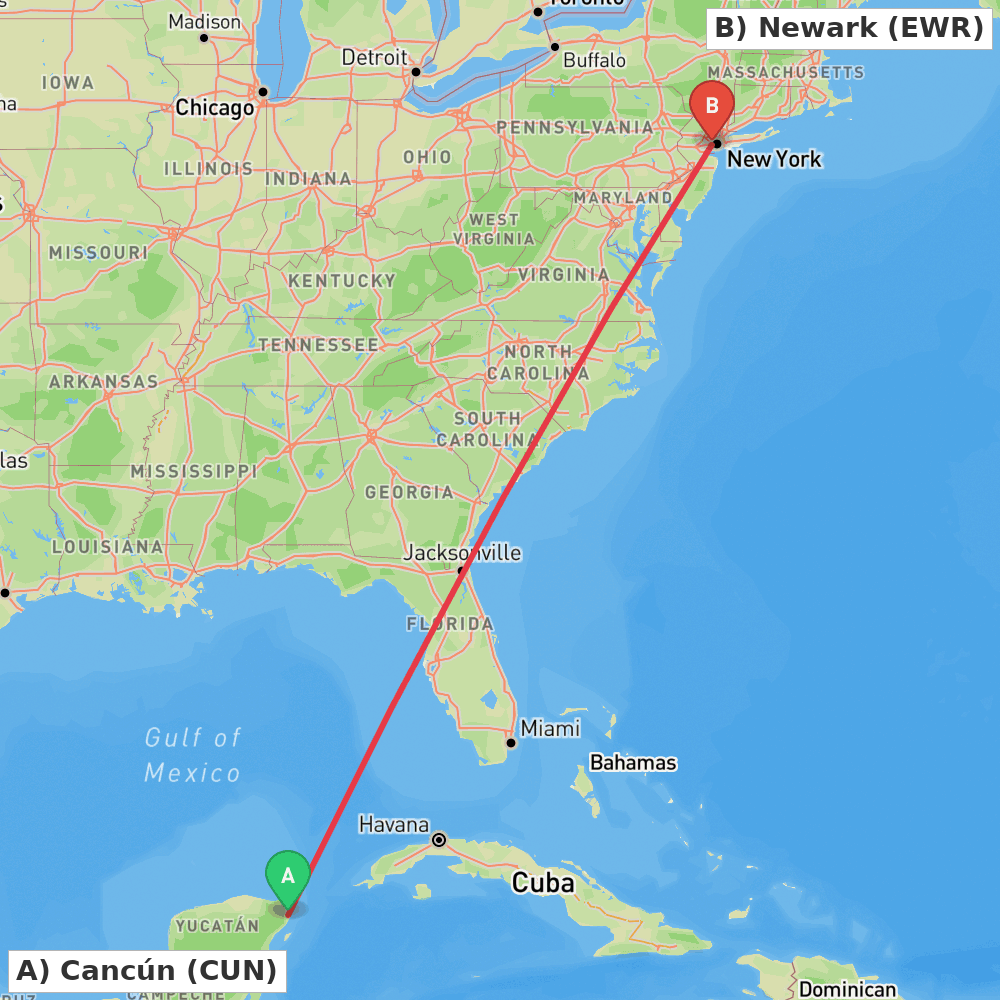 Flight route map from Cancún to Newark