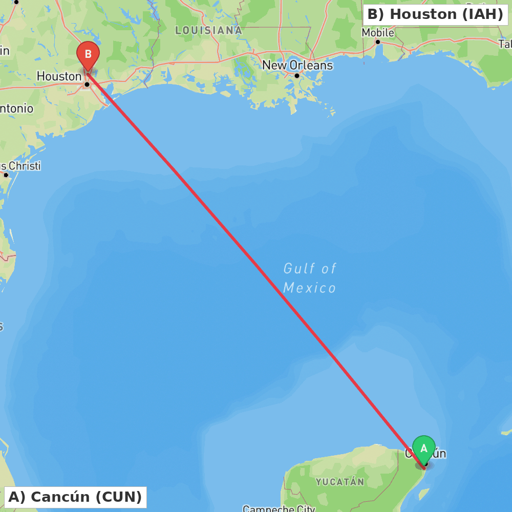 Flight route map from Cancún to Houston