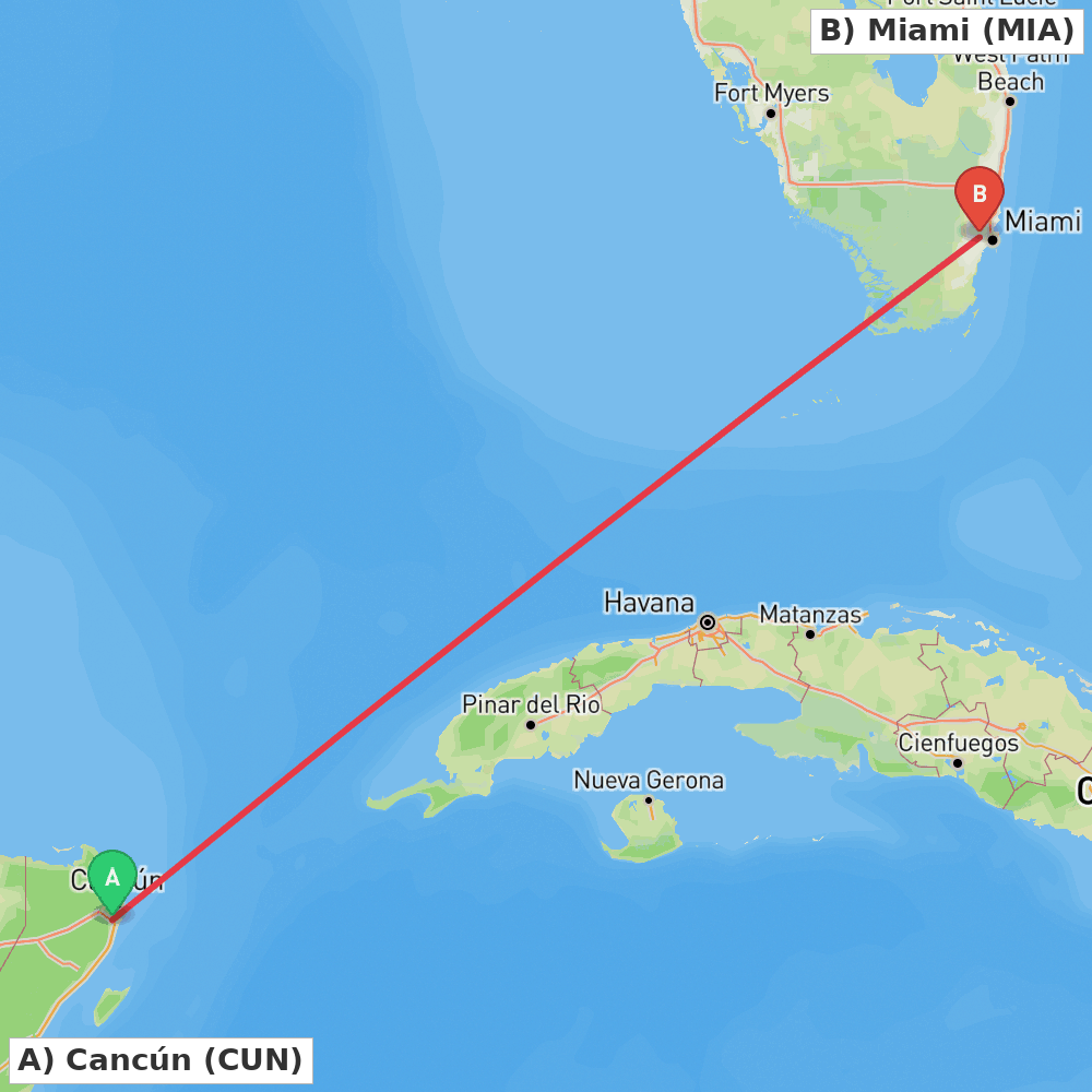 Flight route map from Cancún to Miami