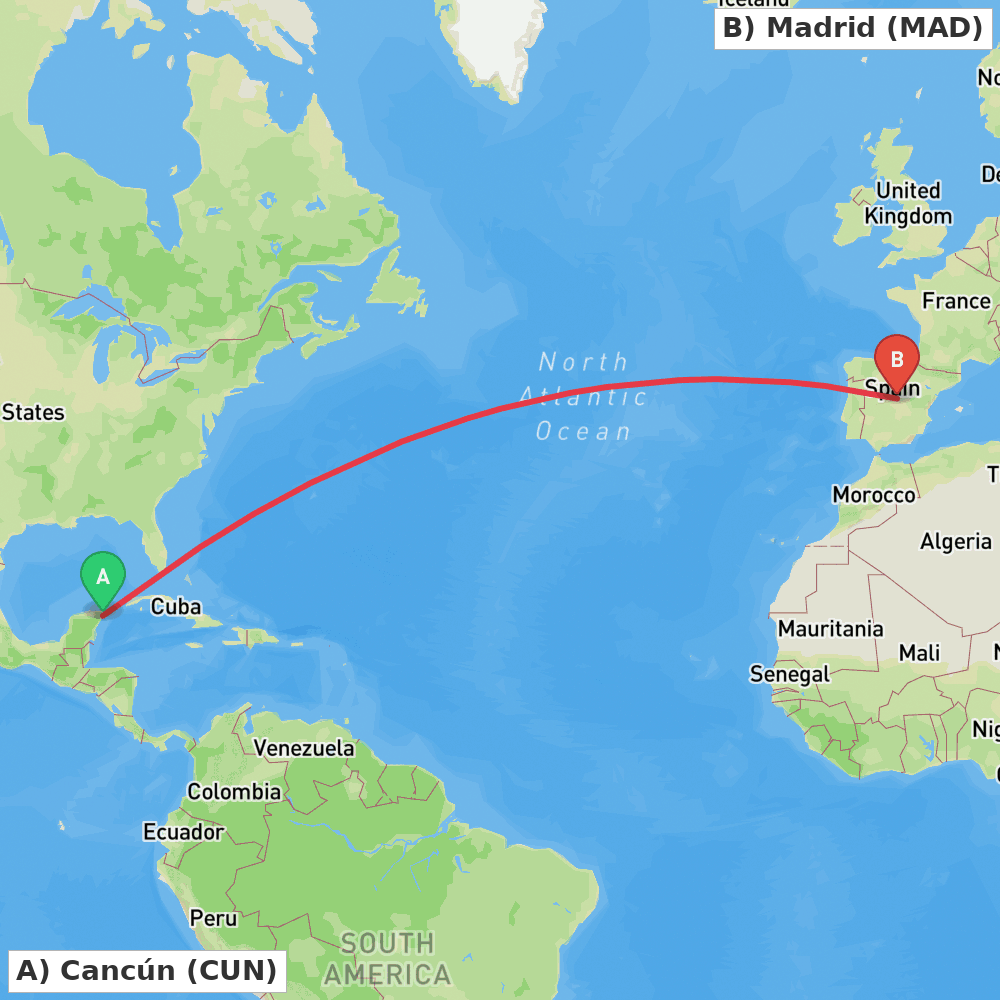 Flight route map from Cancún to Madrid
