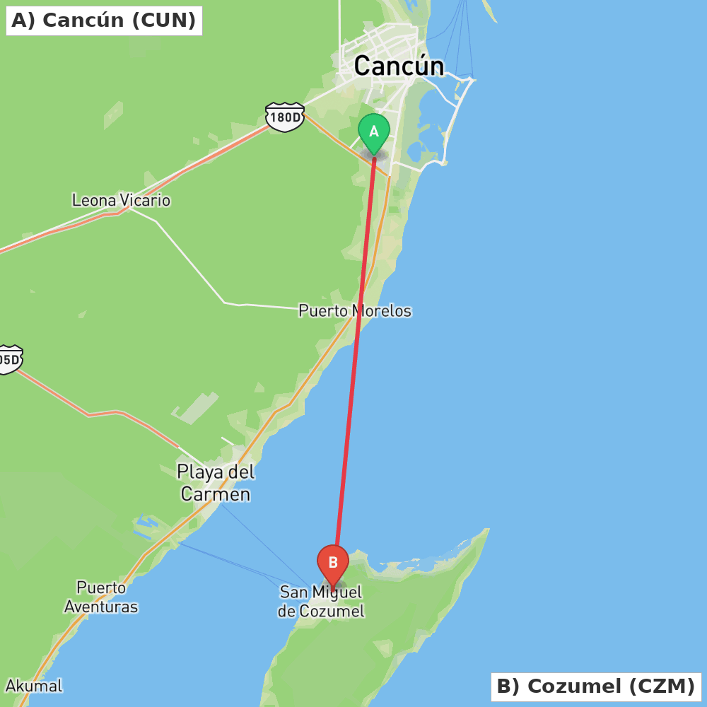 Flight route map from Cancún to Cozumel