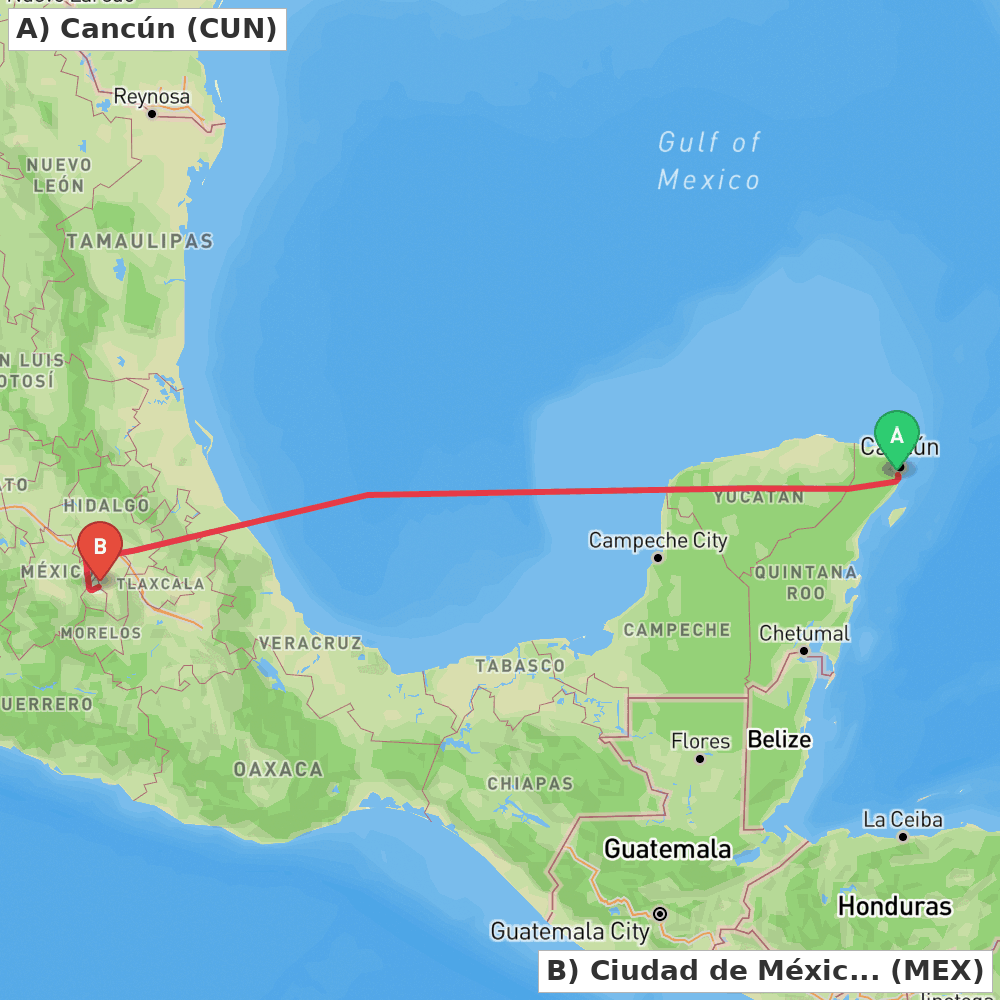 Flight route map from Cancún to Ciudad de México