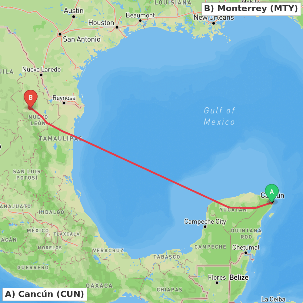 Flight route map from Cancún to Monterrey
