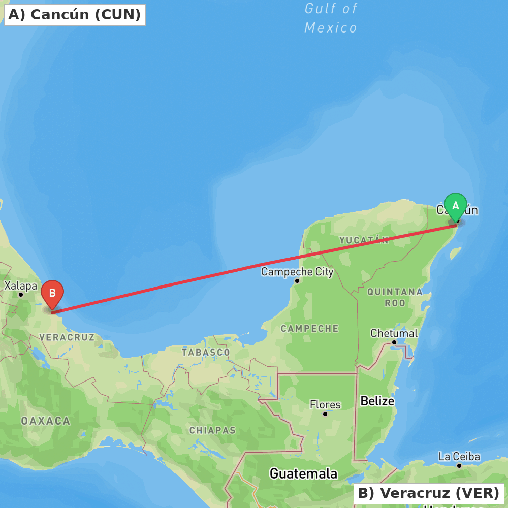 Flight route map from Cancún to Veracruz