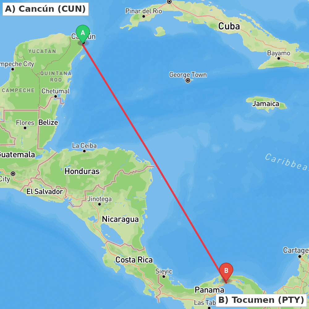 Flight route map from Cancún to Tocumen