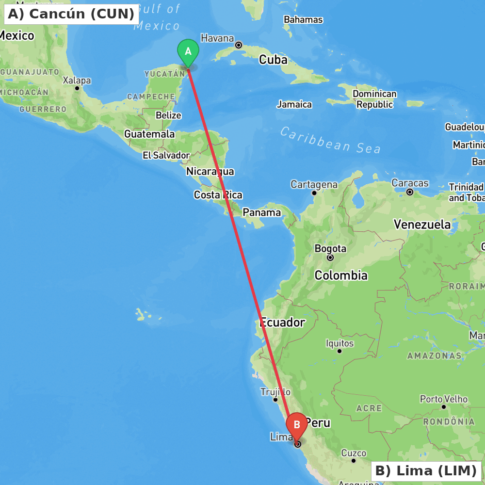 Flight route map from Cancún to Lima