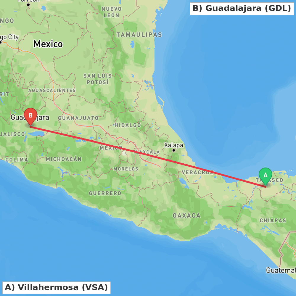 Flight route map from Villahermosa to Guadalajara
