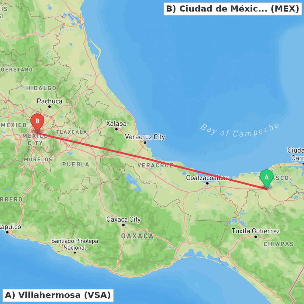 Flight route map from Villahermosa to Ciudad de México