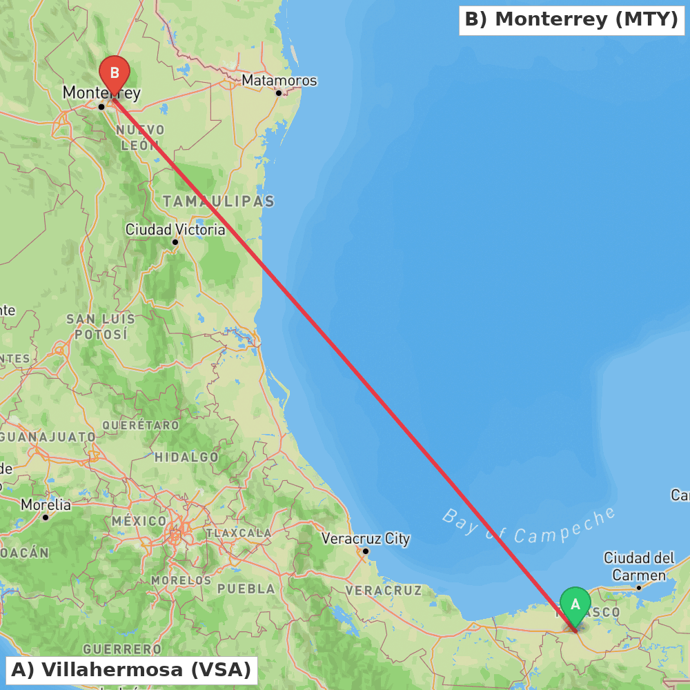 Flight route map from Villahermosa to Monterrey