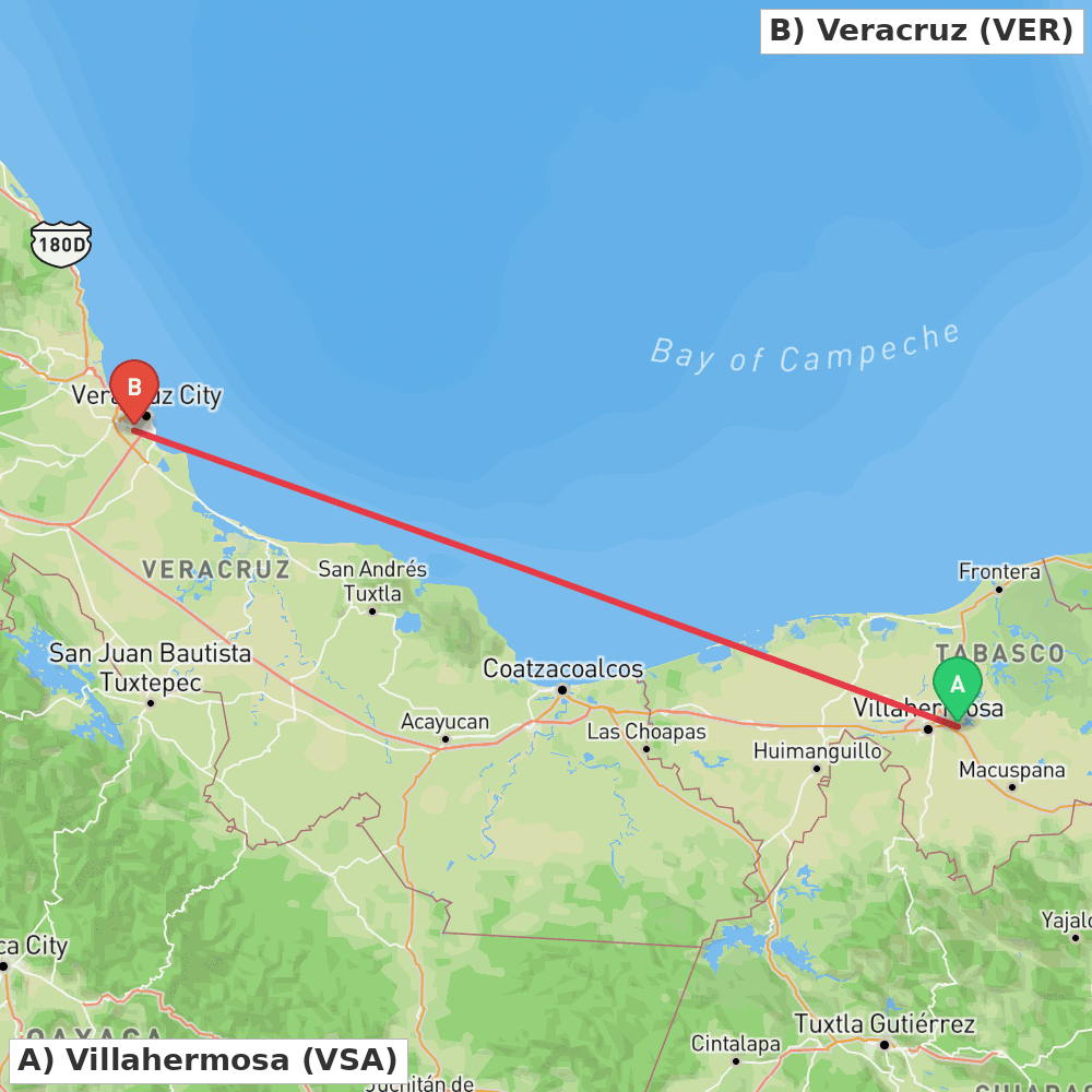 Flight route map from Villahermosa to Veracruz