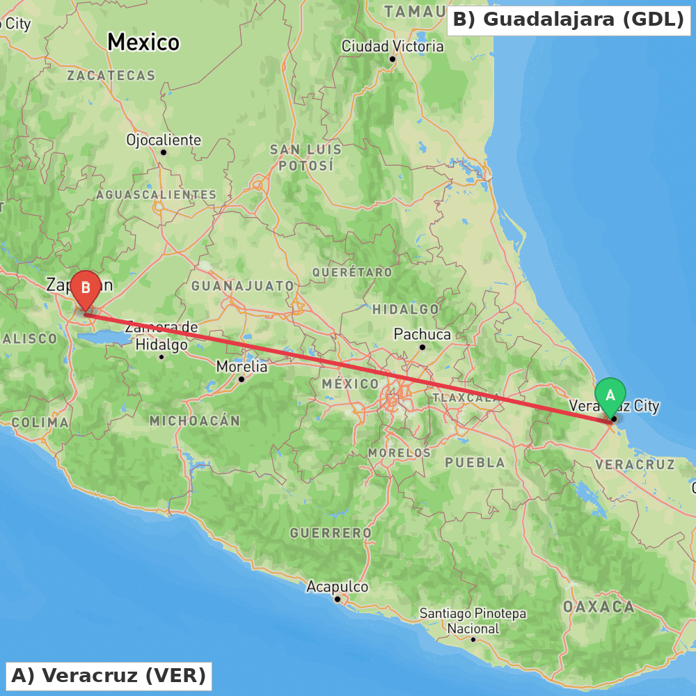Flight route map from Veracruz to Guadalajara