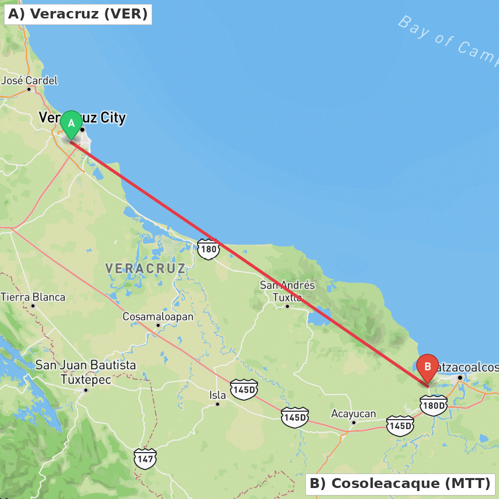 Flight route map from Veracruz to Cosoleacaque