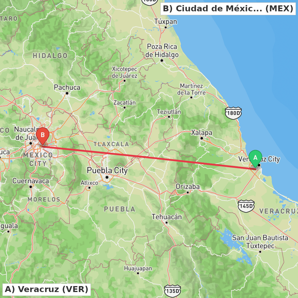 Flight route map from Veracruz to Ciudad de México
