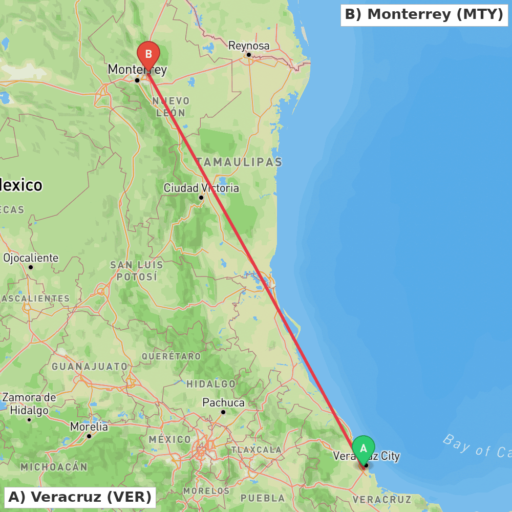 Flight route map from Veracruz to Monterrey