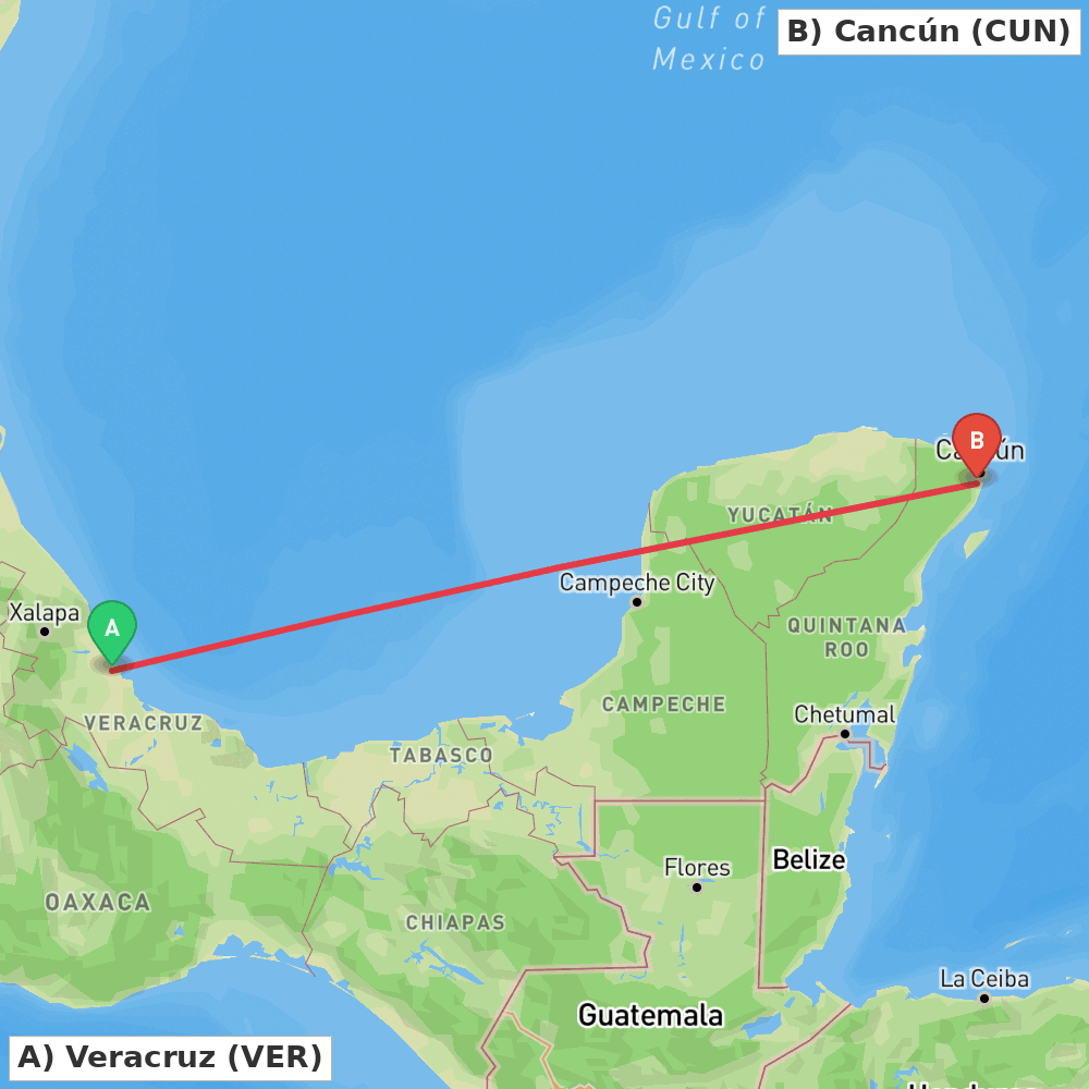 Flight route map from Veracruz to Cancún