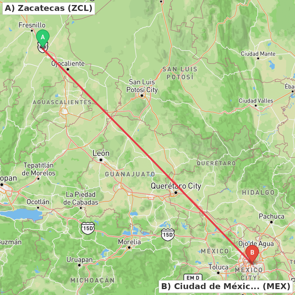 Flight route map from Zacatecas to Ciudad de México