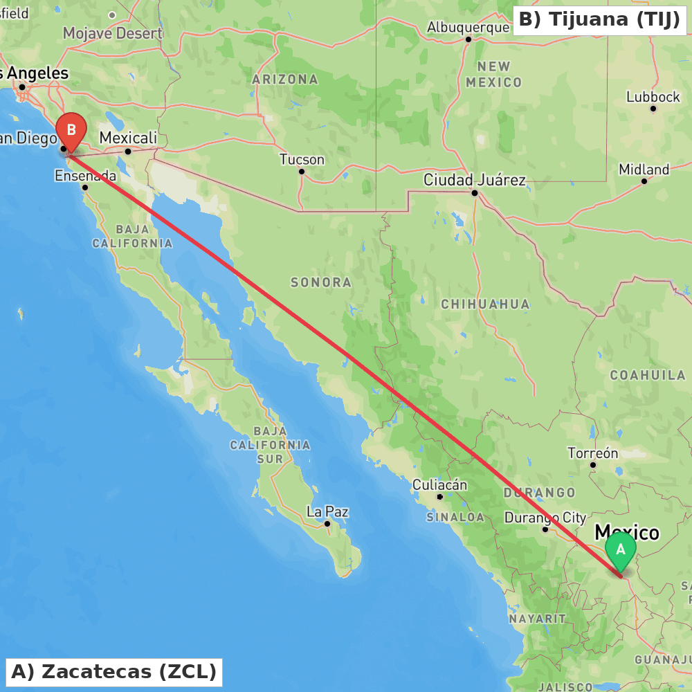 Flight route map from Zacatecas to Tijuana