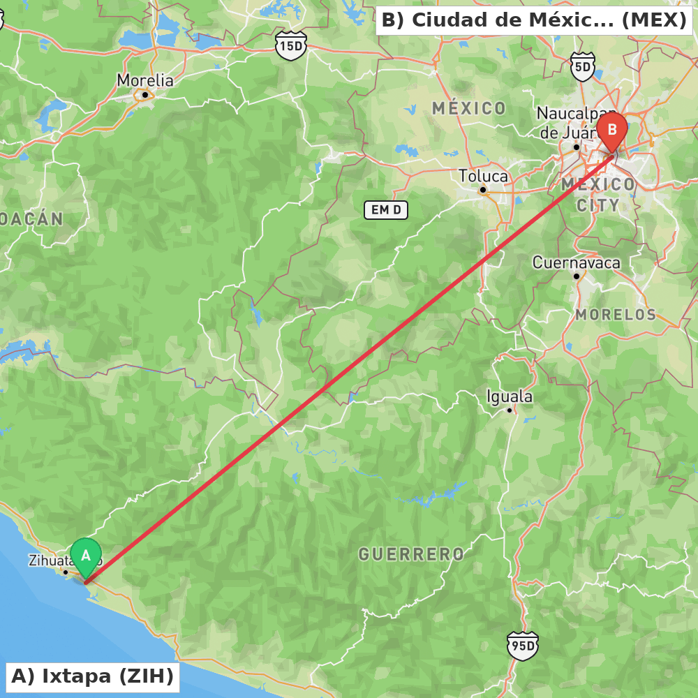 Flight route map from Ixtapa to Ciudad de México